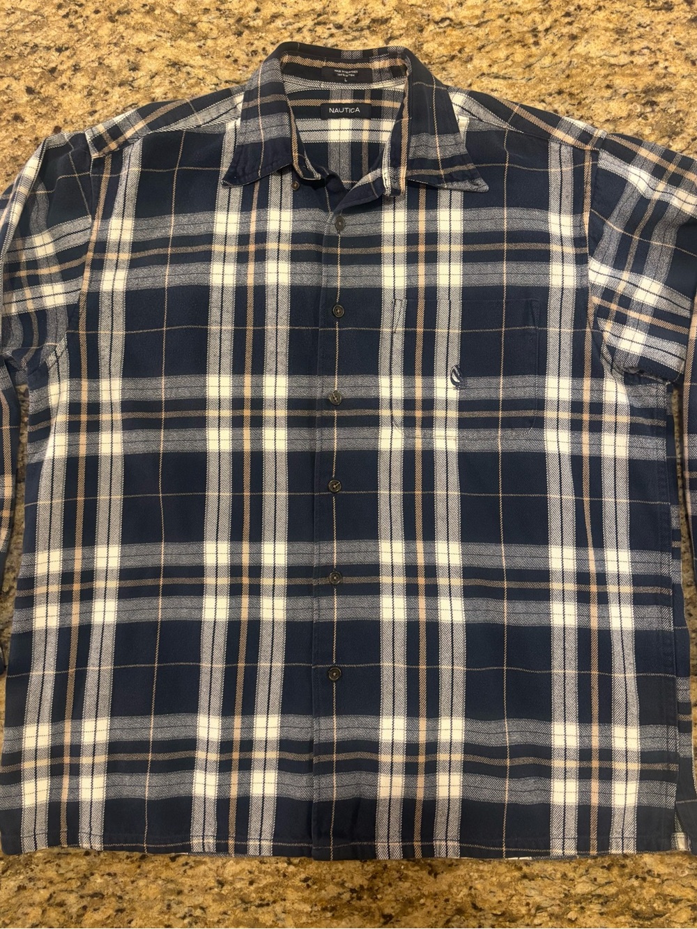 Nautica Navy, Cream & Tan Plaid Men’s Heavy Flannel Shirt Large
